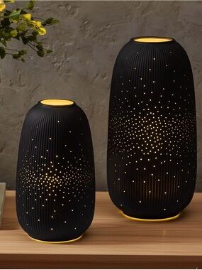 NEW Evergreen Rechargeable Porcelain LED Lanterns - Set of 2 - Matte Black OB